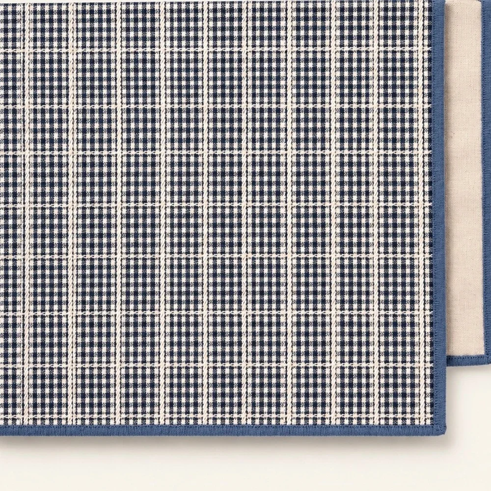 Hearth & Hand Magnolia Navy Beige Plaid Jute Cotton Table Runner 90x20in NEW